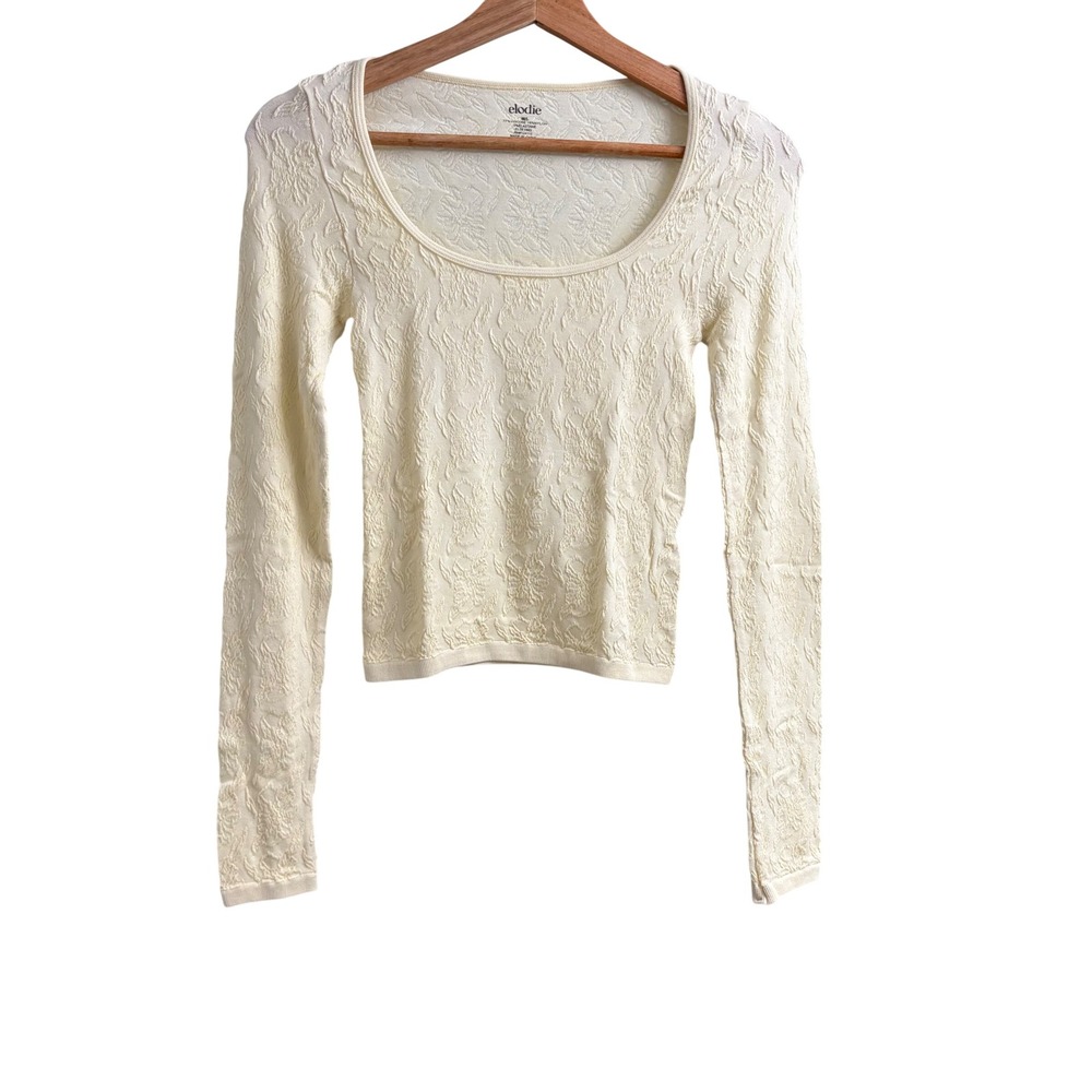 Elodie yellow Floral Jacquard Textured Long Sleeve Scoop Neck Top Size M/L NWT